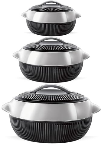 3-Pcs Fiesta Insulated Hot Pot Set | Double-Walled Casserole Pot with Lids, Thermal Hot Pot Food Warmer Containers for Hot & Cold Meals, Stainless Steel Liner (Black-Silver)