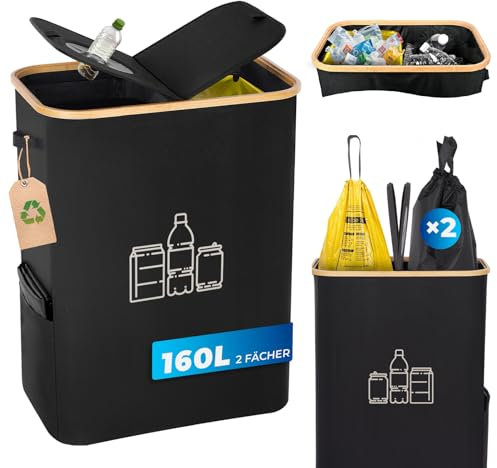 MidingChai 160 l, supporto per sacco giallo + bottiglie di pegno, contenitore 2 in 1, per sacco giallo 60 L-120 l, con coperchio, sistema di spazzatura per cucina e casa – nero