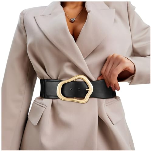 XZQTIVE Women Wide Elastic Waist Belt for Dresses Fashion Big Gold Buckle Stretchy Leather Waistband for Ladies