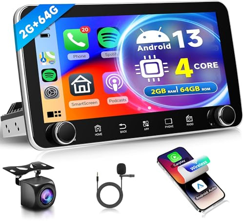 Rimoody 2G+64G Android Single Din Car Stereo with Wireless Carplay Android Auto 1 DIN 10.36 Inch Touch Screen Bluetooth Car Radio GPS WiFi FM RDS Radio Mirror Link Backup Camera