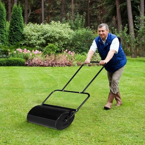 Plattar enkelt ut ojämn mark med gräsmattevals, stålkonstruktion, tryck-/bogseringsdesign, 46 cm svart, 54 liters kapacitet