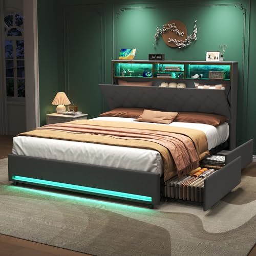 4ft6 Double Bed Frame with 4 Storage Drawers, Linen Functional Upholstered Platform Bed with Concealed Storage Headboard&LED Shelf&Charging Station,Sturdy Metal-Wood Support,No Box Spring Needed,Grey