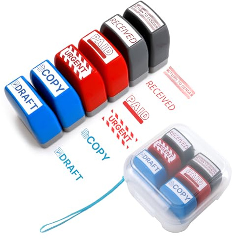 Self Inking Stamp Set 6 Pack - Red & Blue Ink for Business Documents | Pre-Inked Office Stamps (Paid, Copy, Urgent, Draft) | Durable Rubber Stamps for Paperwork & Records