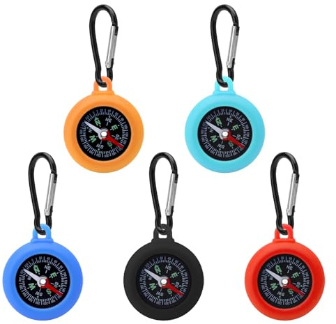 5 Pezzi Portachiavi con Bussola per Bambini, Bussola per Outdoor con Moschettone, Quadrante Elastico Ermetico per Navigazione Precisa, Attrezzatura da Campeggio e Escursionismo, Regali per Bambini