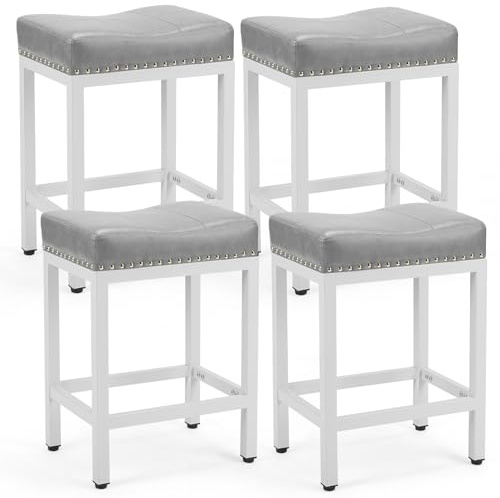 DUMOS Saddle Bar Stools Set of 4, 24 Inch Counter Height Stools with Curved PU Leather Surface, 3.7 Thick Upholstery Bar Height Stools with Footrest for Kitchen Island, Dining, Cafe, Gray