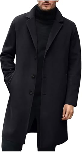 UHouse Wollmantel Herren Mantel Wolle Lang Elegant Wintermantel Business Herrenmantel Lange Winterjacke Männer Mäntel Übergangsmantel Herbst Trenchcoat Einfarbig Herbstmantel Schwarz XL