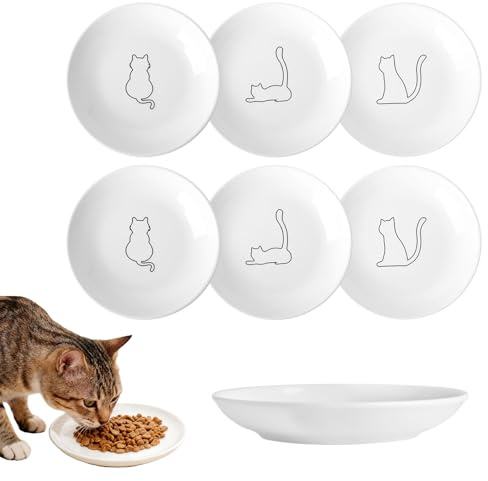 Lot de 6 gamelles pour chat en céramique : Ø 15 cm, gamelles plates en céramique de qualité supérieure, design plat, pour chat et eau, pour chats et petits animaux, blanc (motif chat)
