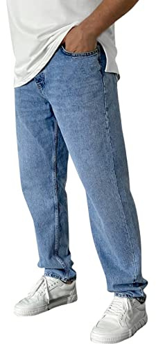Generiska jeans för män slim fit: Denim byxor med fickor jeans raka ben jeans andas tygbyxor enfärgade utomhusbyxor bekväma stretchjeans klassiska avslappnade arbetsbyxor för män, Ljusblå, L