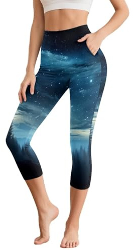 Semiouray Forest Starry Night Capri Leggings for Women, Galaxy Starry Sky High Waisted Tummy Control Casual Workout Tights, Space Nebula Seamless Lounge Split Quick Dry Running Pants - 3XL
