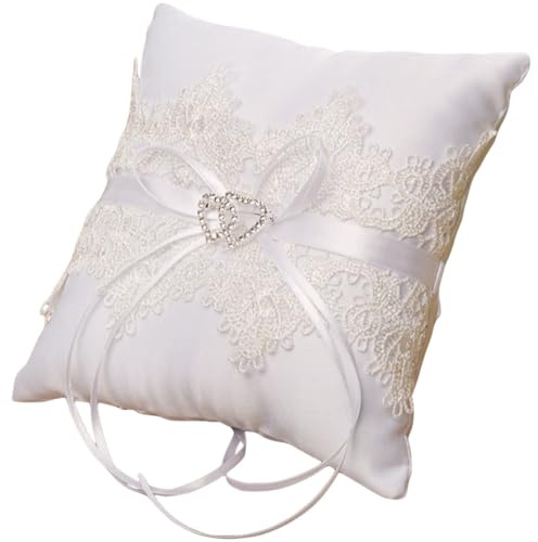 LAPYAPPE Cojín para Anillos de Boda Blanco, Almohada de Encaje Hueco Doble Corazón, Porta Anillos para Ceremonias Nupciales, Soporte Decorativo para Flores y Propuestas Románticas