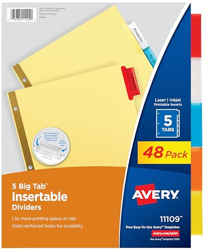 Avery Big Tab Insertable Dividers, 5-Tab, Multicolor, 48 Sets