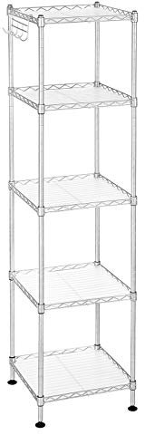 SONGMICS Bathroom Shelf, Metal Storage Rack, Total Load Capacity 100 kg, with 5 PP Sheets, Removable Hooks, 30 x 30 x 123.5 cm, Expandable Design, for Small Space, Silver and Translucent LGR023S01