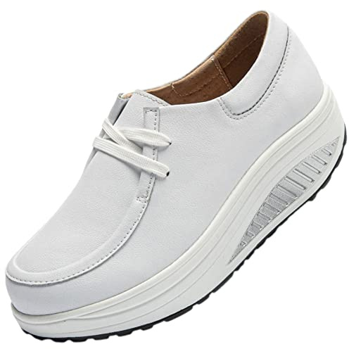 rismart Cuero Plataforma Zapatillas Balancin Mujer Cómodo Casual Caminar Zapato Blanco,39