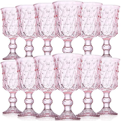 12 Packungen Glaskelch-Set, rosa Weingläser, Glaswaren, Kelch, 200 ml, Trinkgläser, Wasserkelche, Vintage-Trinkgläser, geprägtes Weinglas, einfarbig, Glaskelch für Hochzeit, Party, Restaurant