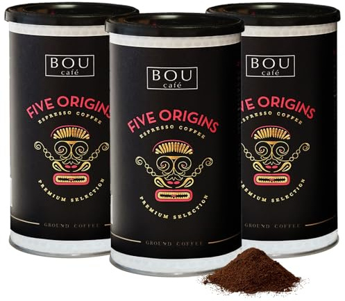 Café Bou - Café Molido Five Origins Premium | 100% Arábica | Aromas a Chocolate, Almendras y Melocotón | Tueste medio-alto | Intensidad Media | Ideal para espresso| Pack 3 botes x 170 g