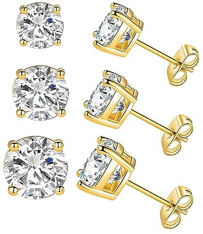 Yulovee 9ct Gold Stud Earrings for Women,3 Pairs Stud Earrings with White Crystal.