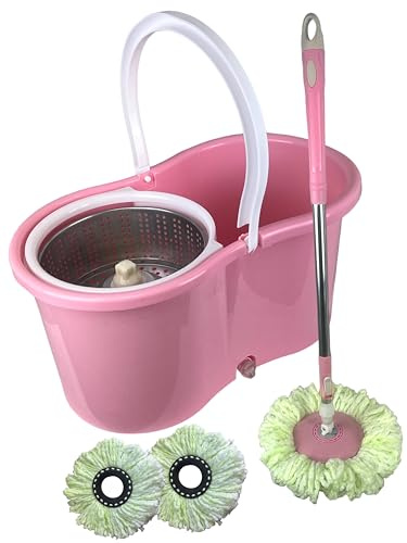 Spin Mop Bucket Set with Spin 360 Wringer and 2 Microfibre Mop Pad Head Telescopic Easy Press Handle with Spin Dry Cleaning Caddy Set-Microfibre Home Cleaning Clean Floor (Pink))