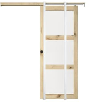 Vente-unique - Porte coulissante avec système à galandage en bois et verre trempé dépoli - 3 fenêtres - H205 x L73 cm - ACOSTA II