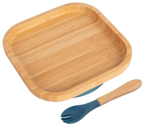 Tiny Dining 2pc Navy Blau Bambus-Quadratische-Baby-Entwöhnungsteller & Gabelsatz - Hölzern Geteilt Kleinkind Kinder Essen Fütterung Tablett - Silikon Saugnapf
