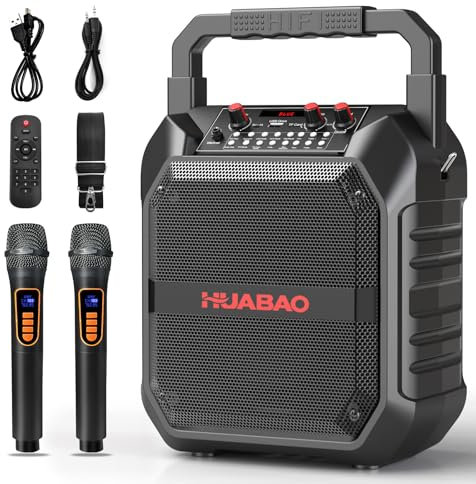 HUABAO Máquina de karaoke con 2 micrófonos inalámbricos, altavoz Bluetooth portátil para adultos y niños, ajuste de graves y agudos, sistema PA compatible con tarjeta TF/USB/FM/AUX para fiestas en