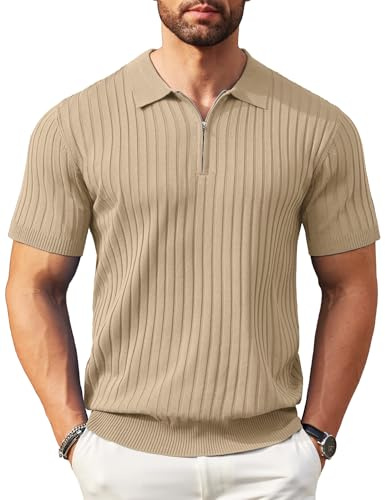 COOFANDY Mens Polo Shirts Short Sleeve Zipper Golf Polo Shirt Summer Knitted Slim Fit Stretch Stripe Polo T-Shirts Khaki L