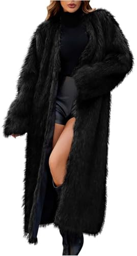 Long Faux Fur Coat for Women UK Thicken Warm Winter Jacket Luxury Elegant Fluffy Cardigan Open Front Fuzzy Long Coat Solid Soft Comfy Thicken Outwear Ladies Long Jackets Outdoor Windproof Overcoat