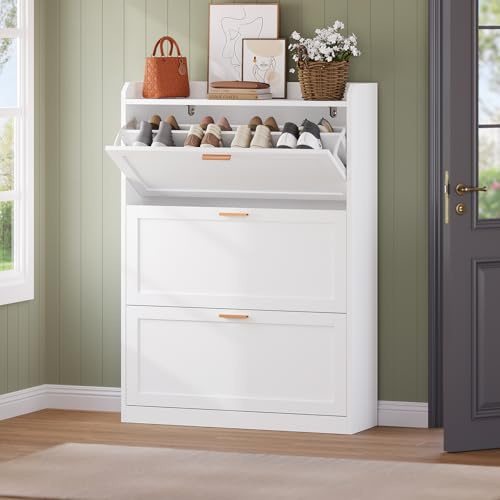 KIMENICH Schuhschrank mit 3 Klappen, Schuhkipper Schmal, Trennwand Verstellbar, für 16-24 Paar Schuhe, Flur, Portale, 24 x 80 x 121 cm, Weiß