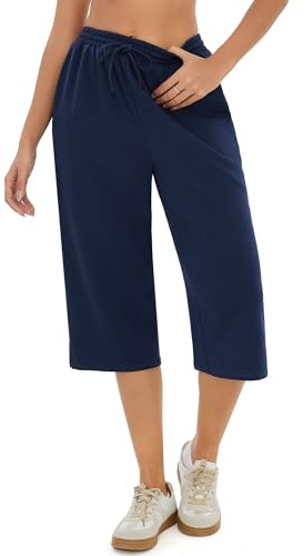 Demegimi Pantalón Chándal Mujer 3/4 Pierna Ancha Algodón Pantalones Deportivos Mujer Capri con Cintura Elástica y Ajustable
