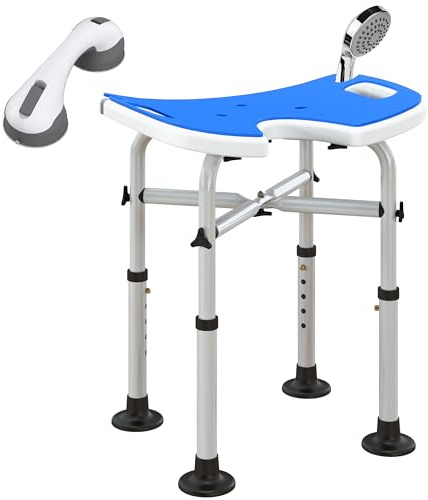 HOMCOM Sgabello da Doccia Regolabile in Altezza con Maniglione a Ventosa, Sedia da Doccia per Anziani e Disabili con Seduta Imbottita a U e Piedini Antiscivolo, Blu Scuro