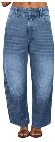 Pamqsen Glitzer Baggy Jeans Damen Low-Waist Weite Beine Baggy Jeanshosen mit Strass Casual Harem Jeans Gerader Beine Lockere Denimhose