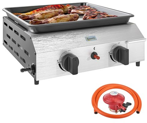 Outsunny Gas Plancha Barbecue Grill with 2 Stainless Steel Burners, 4.8kW, Portable Tabletop Gas BBQ with Non-Stick Griddle for Camping, Picnic, Garden, Party, Festival, Silver Tone