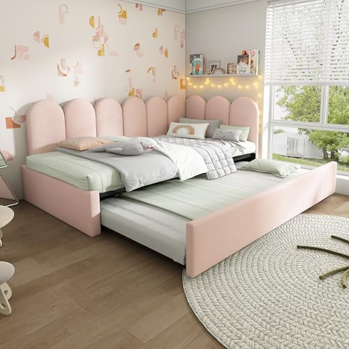 Kebnor Cama acolchada de día 90 x 200 cm, sofá cama con cama nido de 90 x 190 cm, cama infantil con somier, terciopelo (sin colchón) (rosa)