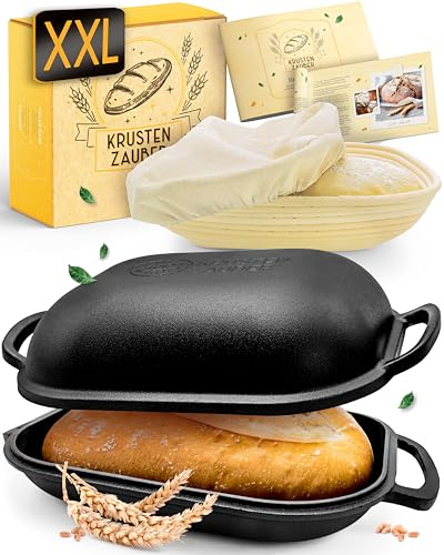 KRUSTENZAUBER Molde para pan de 40 cm con tapa, hierro fundido, incluye cesta de fermentación, robusta olla de hierro fundido, sartén para pan casero, olla de hierro fundido, olla de hierro fundido