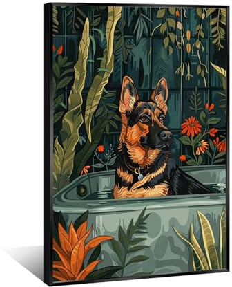 Funny Cute German Shepherd in Tub Dark Green Plants Wall Art Poster Vintage Flower Art Aesthetic Canvas Print for Dorm Living Room Bedroom Wall Decor 8x12in BlackFramed