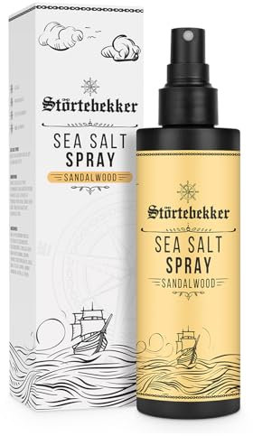 Störtebekker® Premium Sea Salt Spray de sándalo – Spray de agua salada con sal marina natural para dar volumen, brillo y agarre flexible – vegano, sin siliconas ni parabenos (200 ml) – Textura del