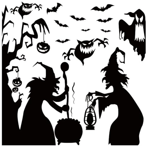 Halloween fönsterbilder set | 19 delar på 3 ark | 90 x 30 cm | häxa, fladdermöss, spöke | återanvändbara strykbilder