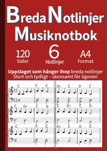 Breda Notlinjer Musiknotbok: Kontinuerliga Notlinjer över Dubbelsidan | Idealisk för Barn, Nybörjare & Seniorer | För Pianolektioner och Komposition | A4 (Röd)