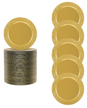 Dlinanta 100 Pcs Antique Charger Plates, 13 Inch Round Decorative Dinner Plates Chargers for Wedding, Party, Rustic Table Setting, Spray-Painted PP Plastic Underplates (Gold)