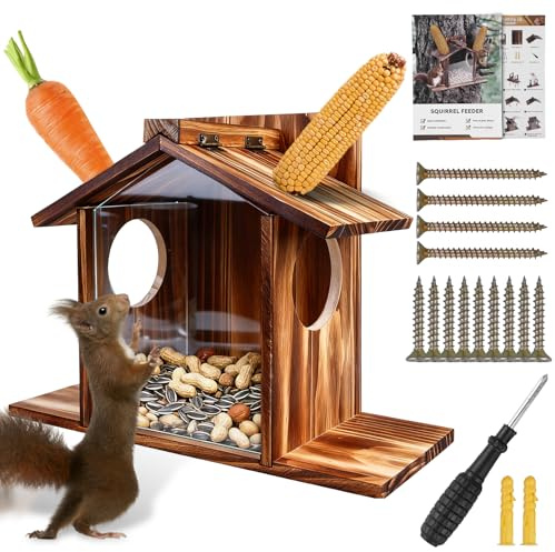 Casa para Ardillas de Madera Resistente a la Intemperie – Comedero para Ardillas con Protección de Aceite de Linaza, Orificios de Ventilación y Amplia Estación de Alimentación