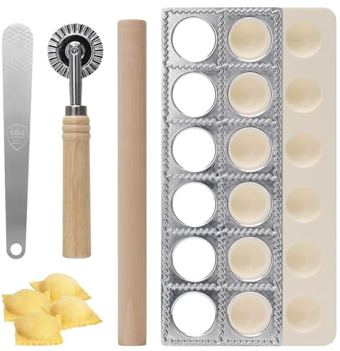 4 stycken Ravioli-maker av aluminium med 12 hål, dumpling formare med kavel degfickhjul, formare, köttspatel raviolibräda för tillverkning av ravioli, dumplings