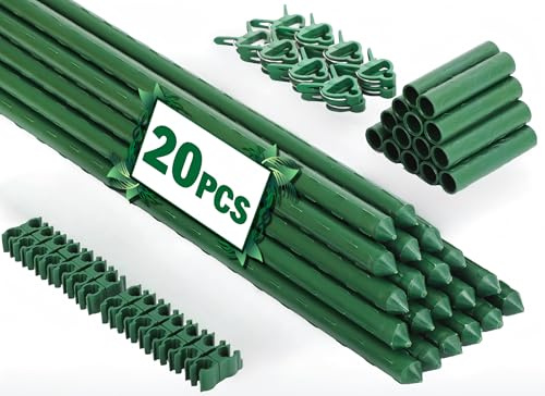 Tegarbed Garden Stakes 20 Pack, 16 Inch Plastic Coated Metal Plant Support Stakes, Sturdy Tomato Stakes with 14 Connectors 14 Rotatable Clips 14 Plant Clips for Indoor Outdoor Vegetables