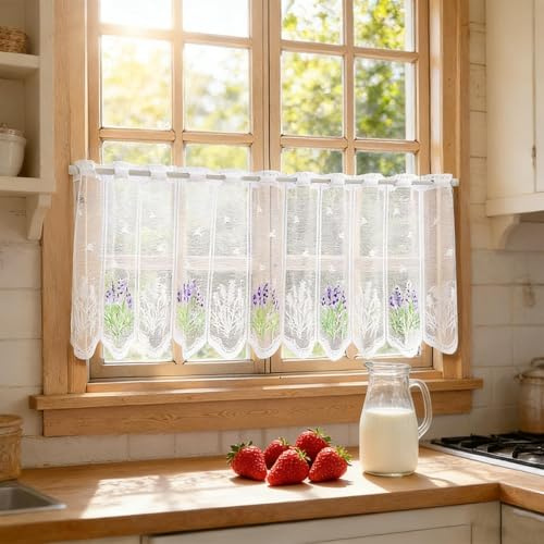Cafe Curtains, Kitchen Curtains for Windows, Elegant Lace Cafe Net Curtains, Breathable Light Filtering Kitchen Curtains, Vintage Rod Pocket Cafe Curtain for Kitchen, Bathroom, Room Window Decoration