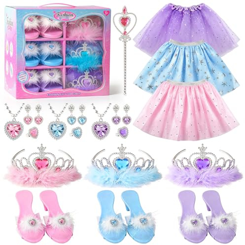 goeringii Princess Dress Up Shoes 3 Set for Girls, Princess Costumes with Crowns & Jewelry Accessories,Shoes, Pretend Play Toys for 3-6 Year Old Kids, Birthday Christmas Gift