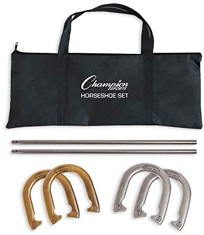 Champion Sports Classic Horseshoe Set: Traditional Outdoor Lawn Game includes Four Professional Solid Steel Horseshoes with Solid Steel Stakes & Carrying Case