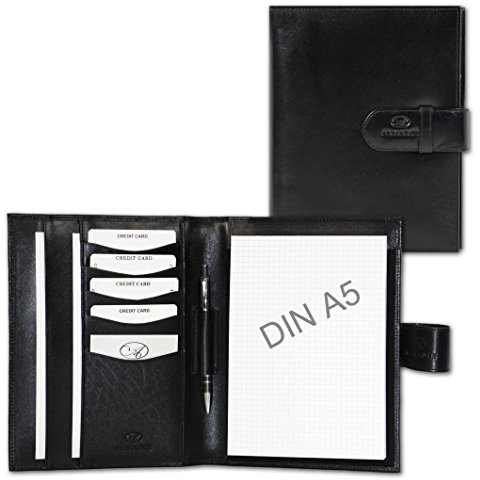 ALMADIH Leder A5 Schreibmappe mit Schreibblock Premium Rindsleder Schwarz Onyx Ledermappe Mappe Dokumentenmappe Organizer Konferenzmappe Systemplaner Aktenmappe Planer Notizbuch Notizblock (Schwarz)