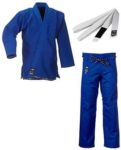 Ju-Sports BJJ Starter Gi Fortaleza Blau + BJJ Gürtel Weiß A5 I Leichter & solider Brazilian Jujutsu Anzug für Einsteiger I BJJ Gi Herren I 100% Baumwolle