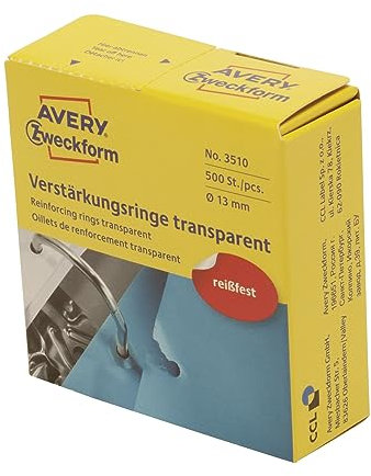 AVERY Zweckform 3510 Lochverstärker selbstklebend 500 Stück (Ø13mm, Lochverstärkungsringe auf Rolle, permanent haftende Ringverstärker, Ringlochverstärker fürs Abheften, reißfeste Folie) transparent