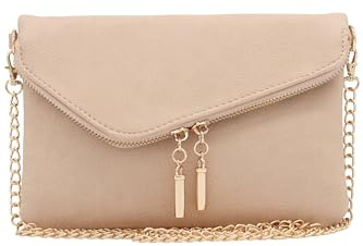 FashionPuzzle Envelope Wristlet Clutch Crossbody Bag with Chain Strap (Nude) One Size