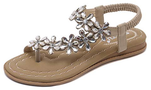 ZOEREA Sandales Plates Femme Mode Été Bohème Strass Fleurs Cuir PU Tongs Peep Toe Confortables Femmes Chaussures pour Plage Vacances Style 2 Beige,40 EU