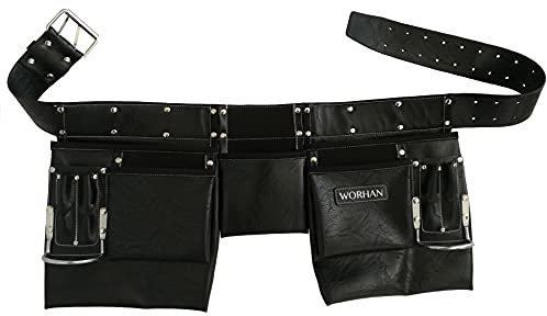 WORHAN® Porte à Outils Double Ceinture Cuir de Qualité Suprême Double Ardillons et 2 Boucles Marteau avec Nombreuses Poches Rengements TO100H
